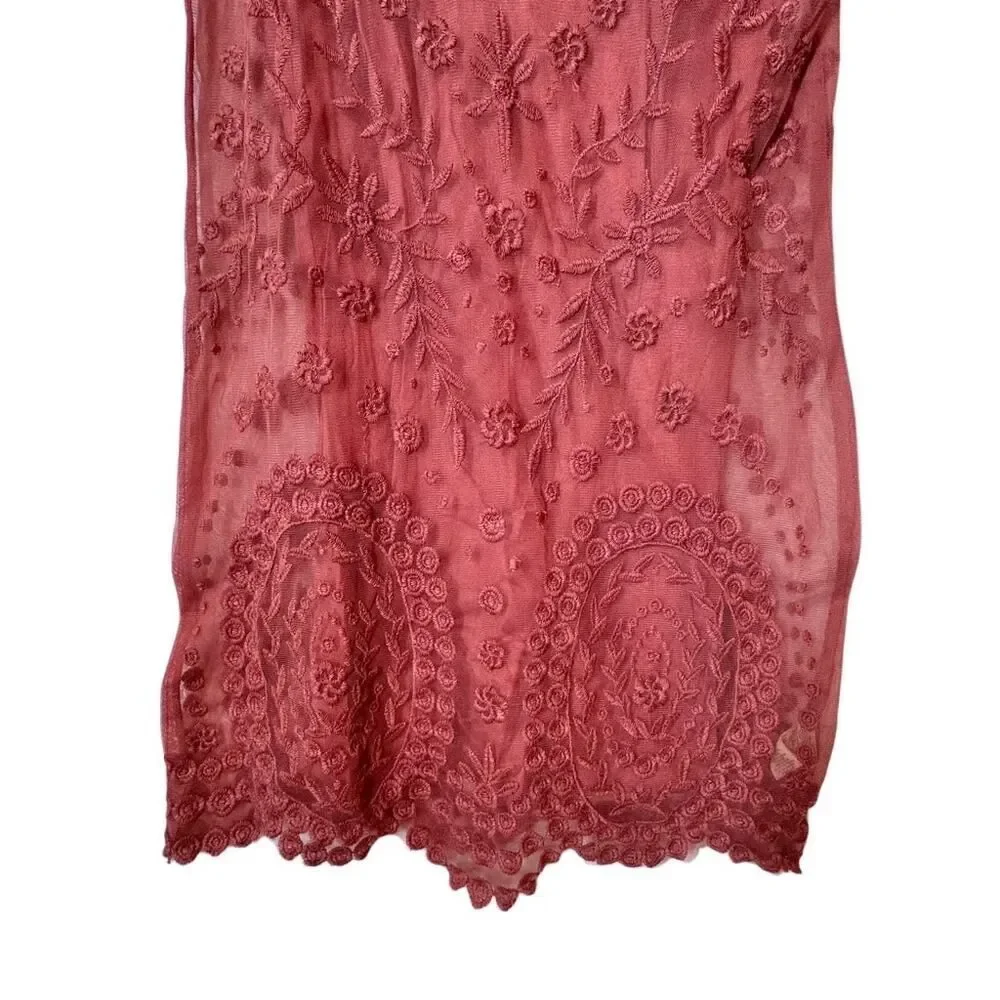 Free People Embroidered Mesh Mini Dress in Red Rouge Sheer with Liner XS